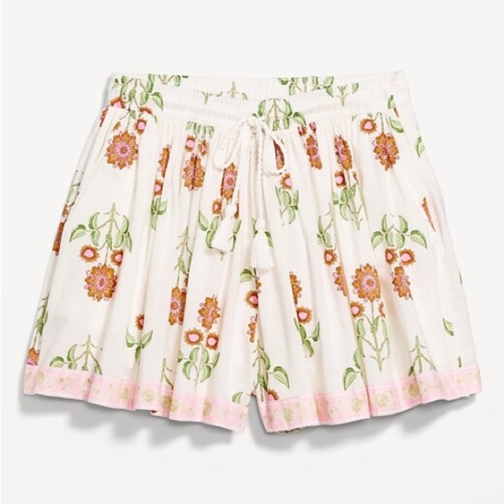 Old Navy White Floral High-Waist Drawstring Shorts with Pink Trim